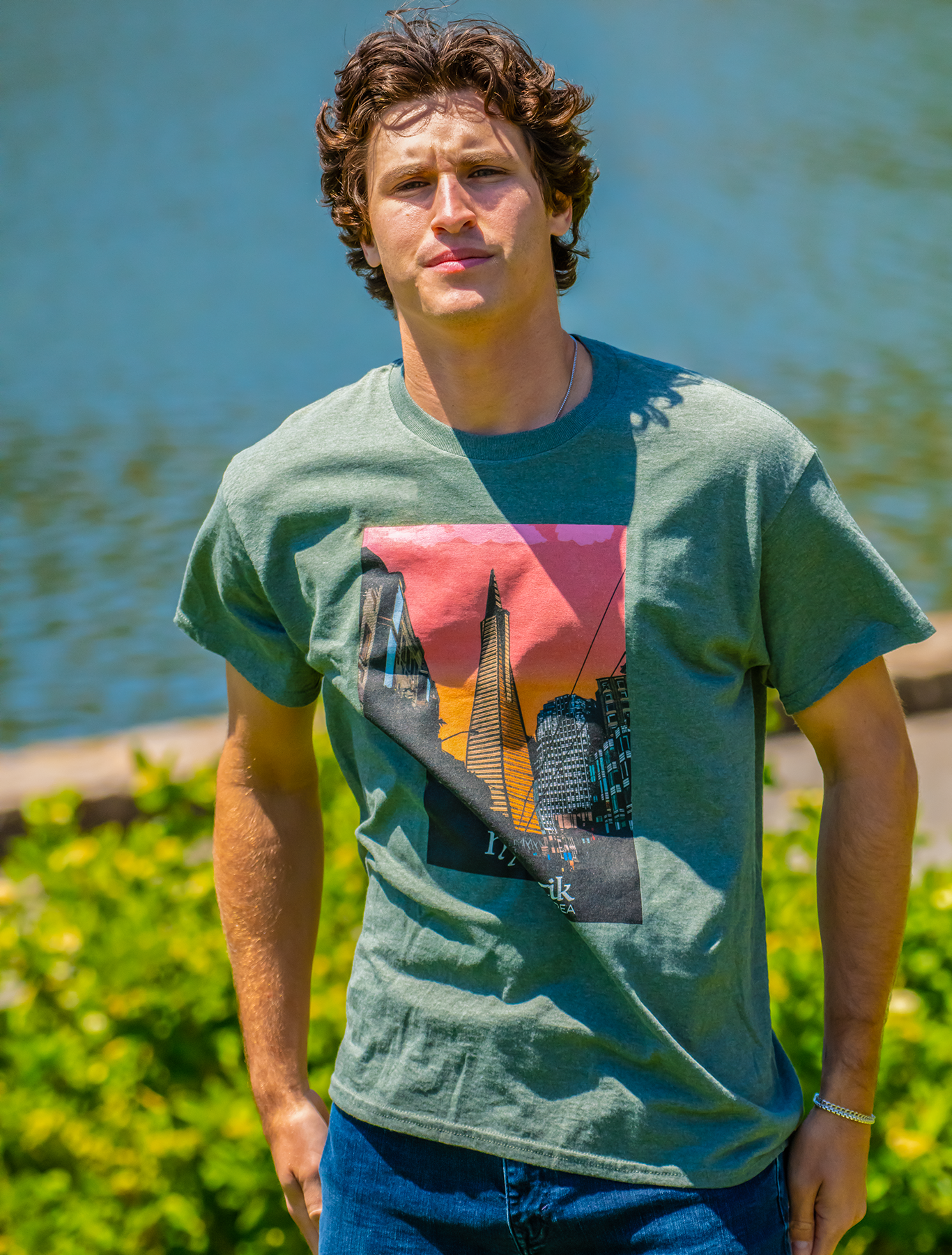Good Evening Tee -- (Heather Green; L)
